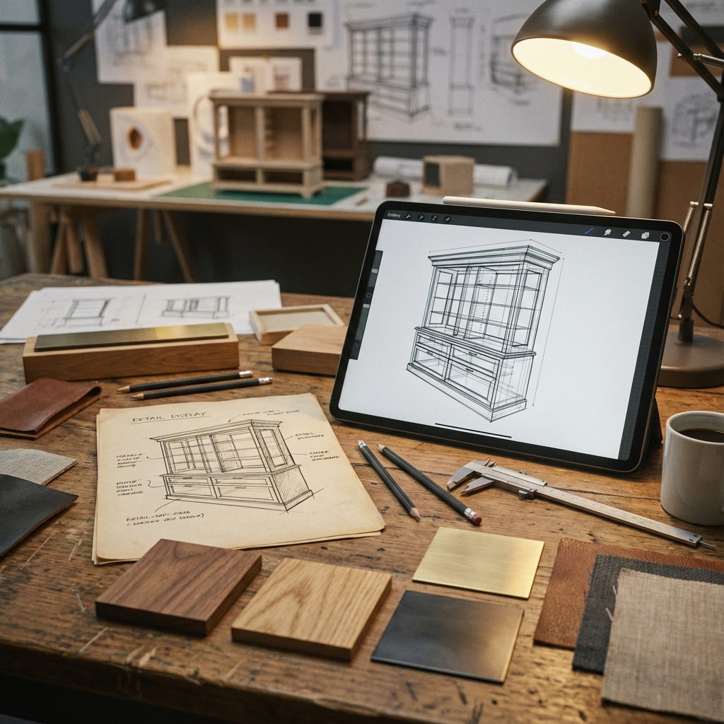 رسم ونمذجة ثلاثية الأبعاد لخزانة عرض تجزئة مخصصة