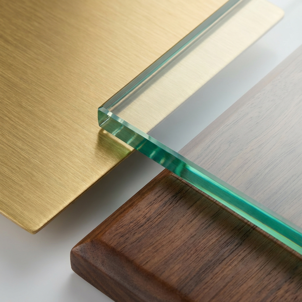 صورة مقربة لمواد ممتازة بما في ذلك الفولاذ الذهبي المصقول والزجاج المقسّى